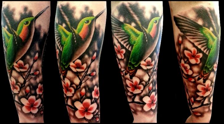 Green Colibri Tattoo On Arm Sleeve