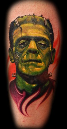 Green Ink Frankenstein Head Tattoo Design For Sleeve