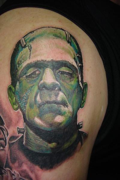 Green Ink Frankenstein Head Tattoo Design