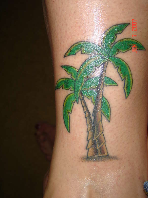 Green Leaves Palm Tree Tattoo On Leg