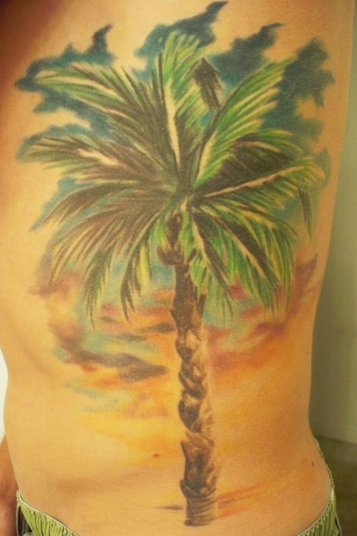 Green Palm Tree Tattoo On Left Rib Side
