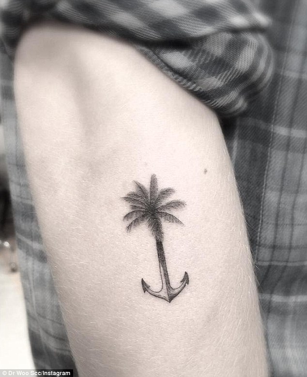 Grey Anchor Palm Tree Tattoo On Right Sleeve