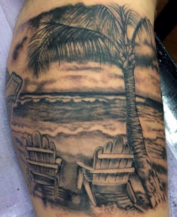 Grey Ink Beach Palm Tree Tattoo