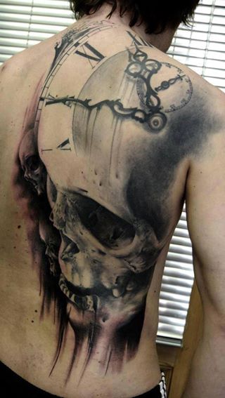 Grey Ink Clock Skull Tattoo On Right Back Shoulder