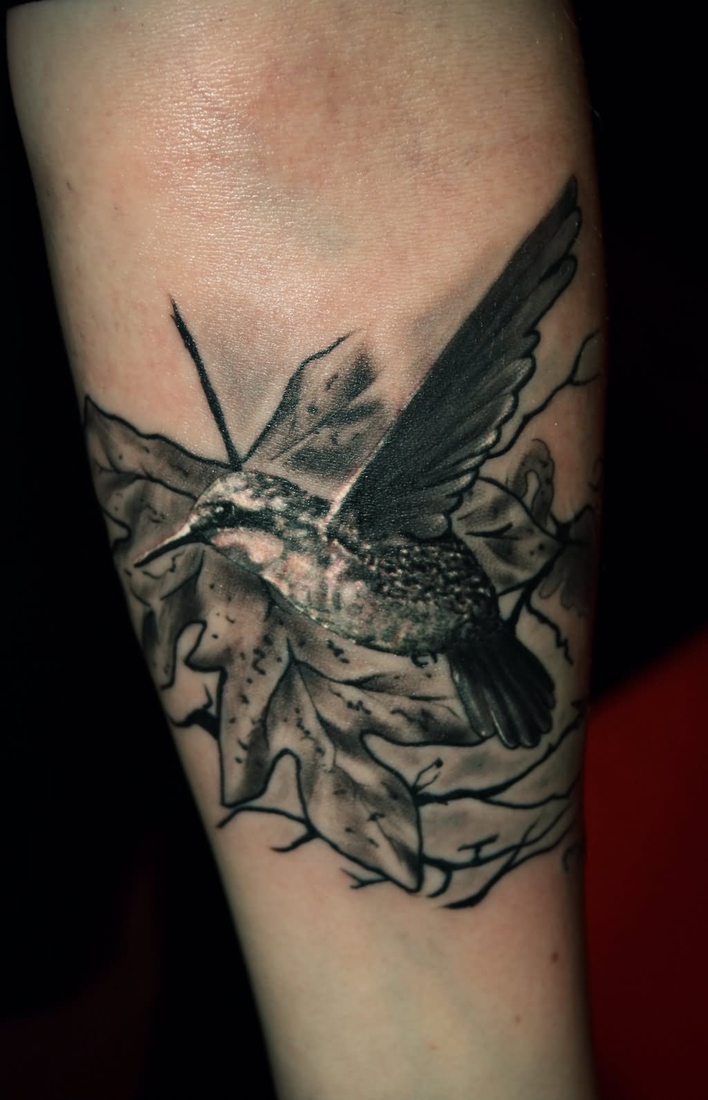 Grey Ink Colibri Tattoo On Arm by Truebluetomytza