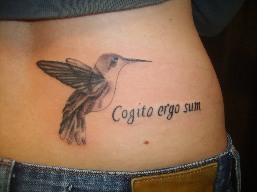 Grey Ink Colibri Tattoo On Lower Back by Simplytattoo