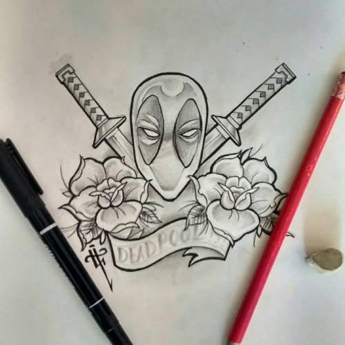 Grey Ink Deadpool With Flower And Banner Tattoo Design