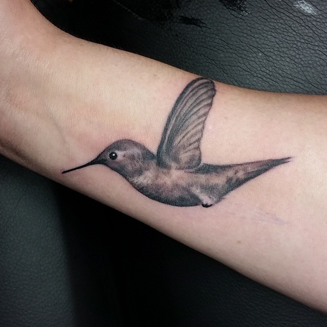 Grey Ink Flying Colibri Tattoo On Forearm by Delan Canclini