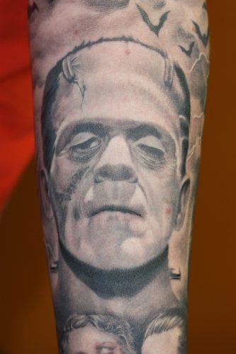 Grey Ink Frankenstein Head Tattoo Design By Jeremy Buschmann
