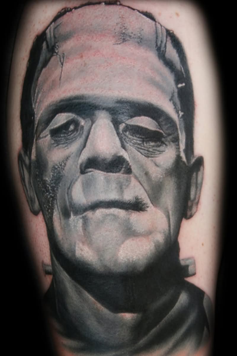 Grey Ink Frankenstein Head Tattoo Design By Josh Hibbard