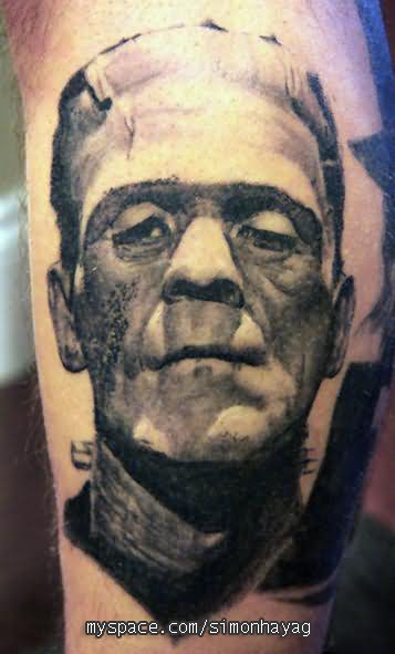 Grey Ink Frankenstein Head Tattoo Design By Simon Says