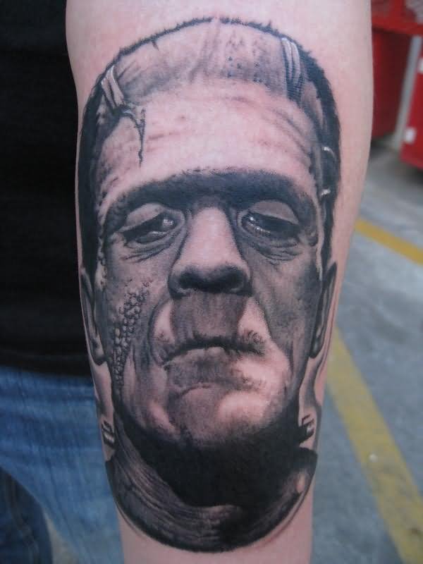 Grey Ink Frankenstein Head Tattoo Design For Sleeve By Bob Tyrrell