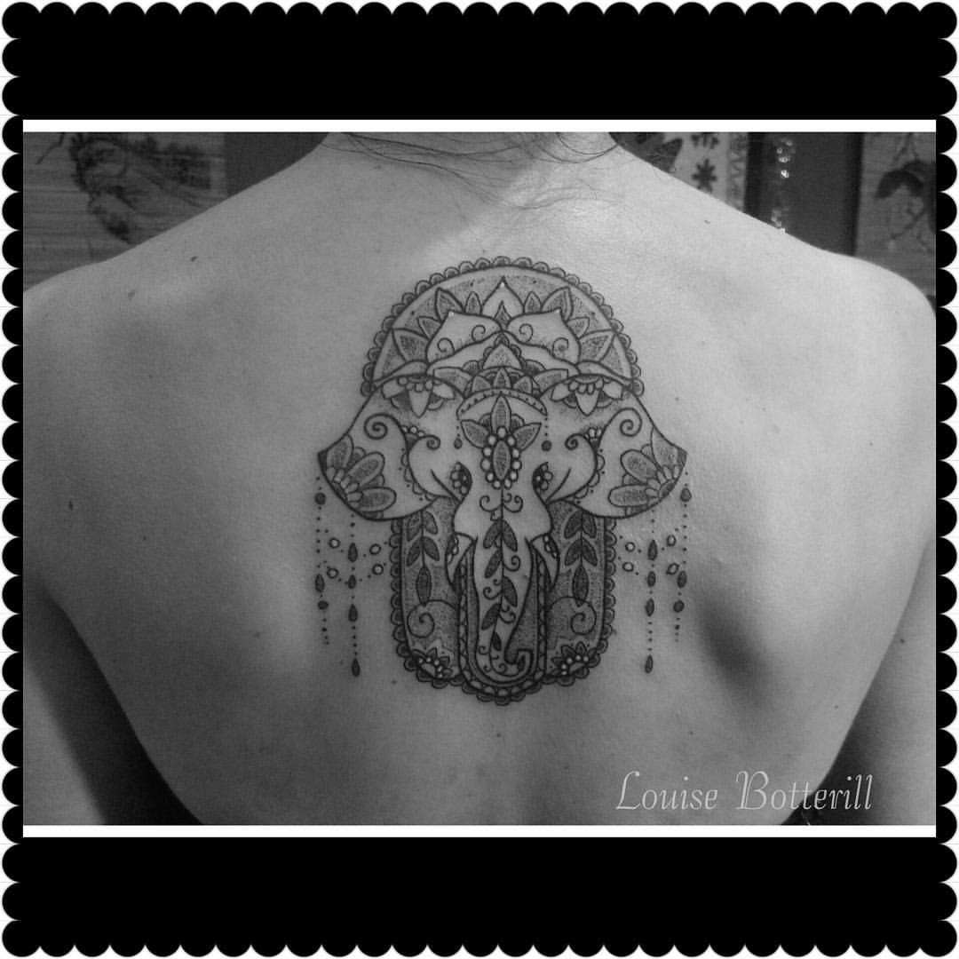 Grey Ink Hamsa Elephant Tattoo On Upper Back