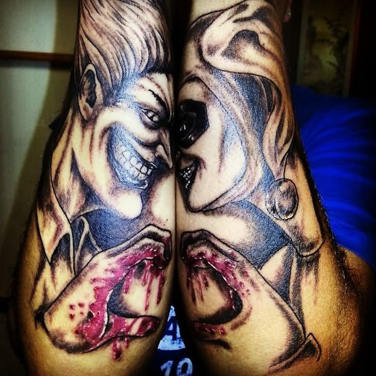 Grey Ink Harley Quinn Tattoo On Full Sleeve
