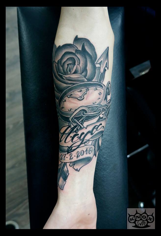 Grey Ink Memorial Pocket Watch And Rose Tattoo With Name And Date Banner by Marco Knox