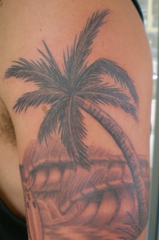Grey Ink Palm Tree Tattoo On Left Half Sleeve