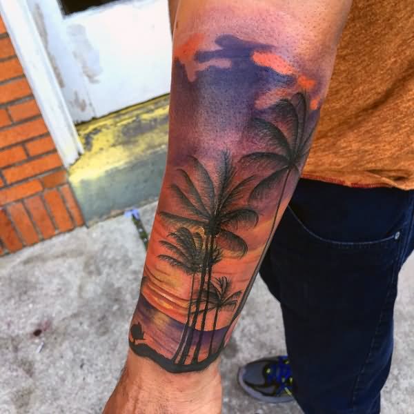 Grey Ink Palm Tree Tattoo On Left Sleeve