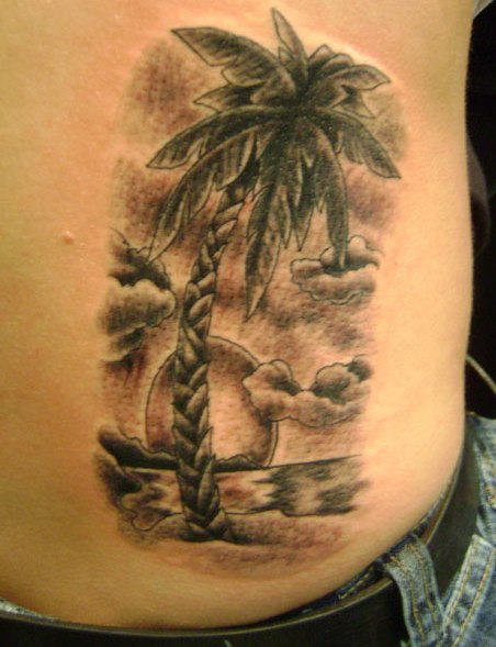 Grey Ink Palm Tree Tattoo On Side Rib