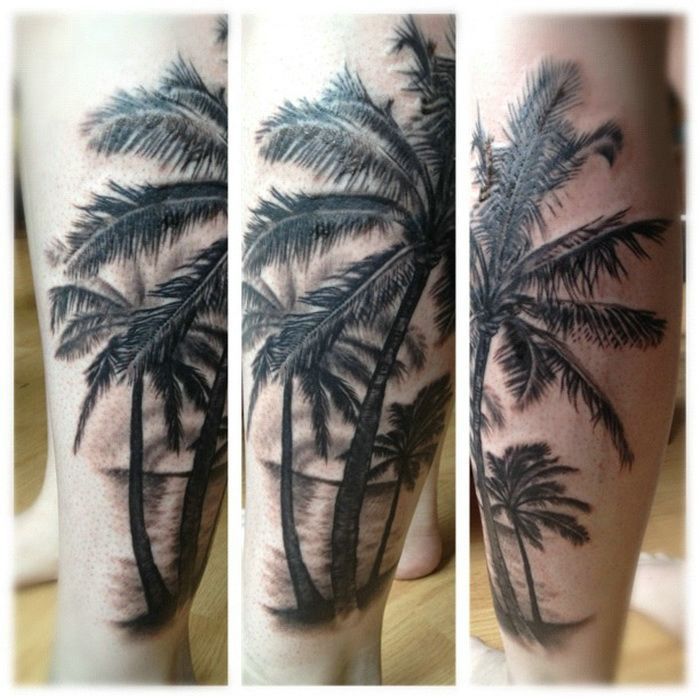 Grey Ink Palm Tree Tattoo On Sleeve