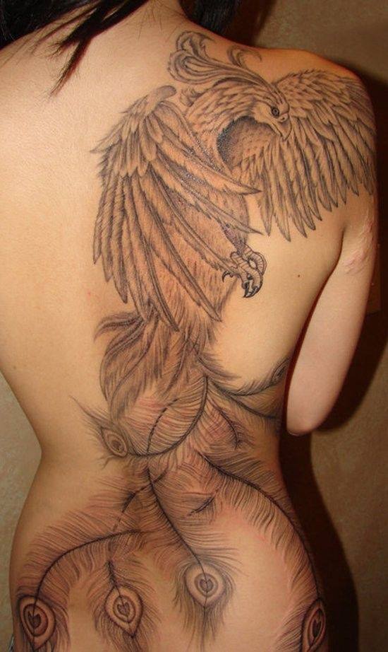 Grey Ink Phoenix Tattoo On Girl Back