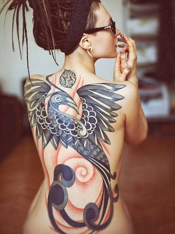 Grey Ink Phoenix Tattoo On Girl Full Back