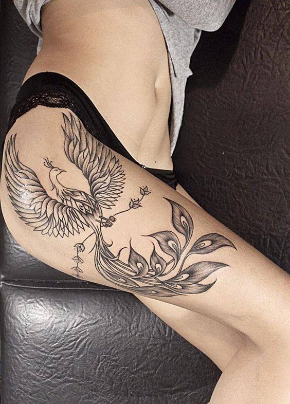 Grey Ink Phoenix Tattoo On Side Thigh