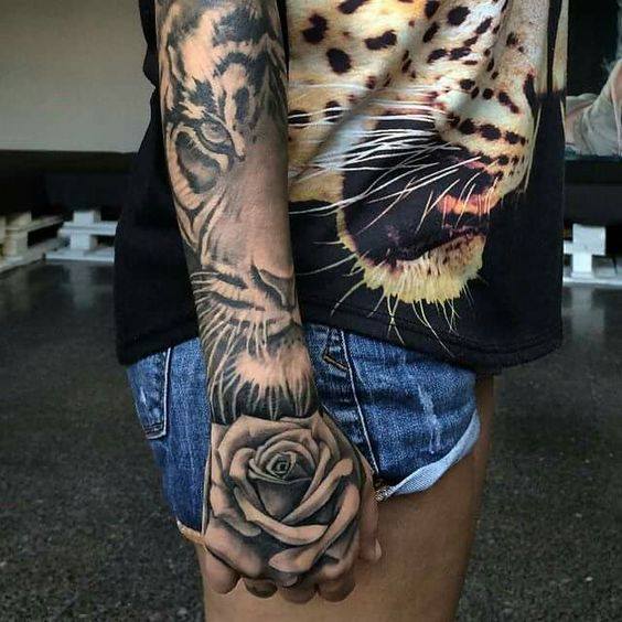 Grey Ink Rose And Tiger Tattoo On Right Sleeve