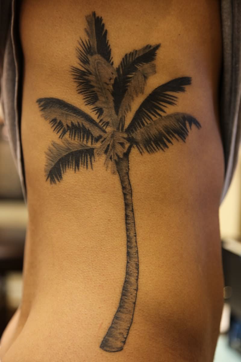 Grey Ink Side Rib Palm Tree Tattoo