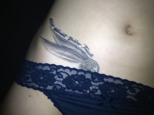 Grey Ink Snitch Tattoo On Girl Waist