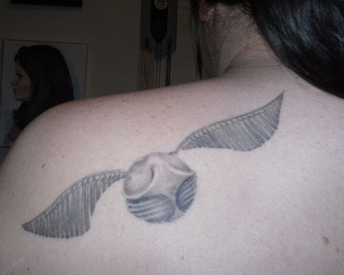 Grey Ink Snitch Tattoo On Left Back Shoulder By Jayme