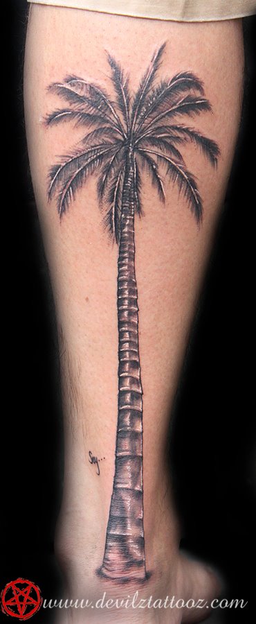 Grey Palm Tree Tattoo On Leg
