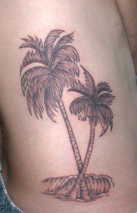 Grey Palm Tree Tattoo On Man Side Rib