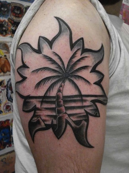 Grey Palm Tree Tattoo On Right Shoulder