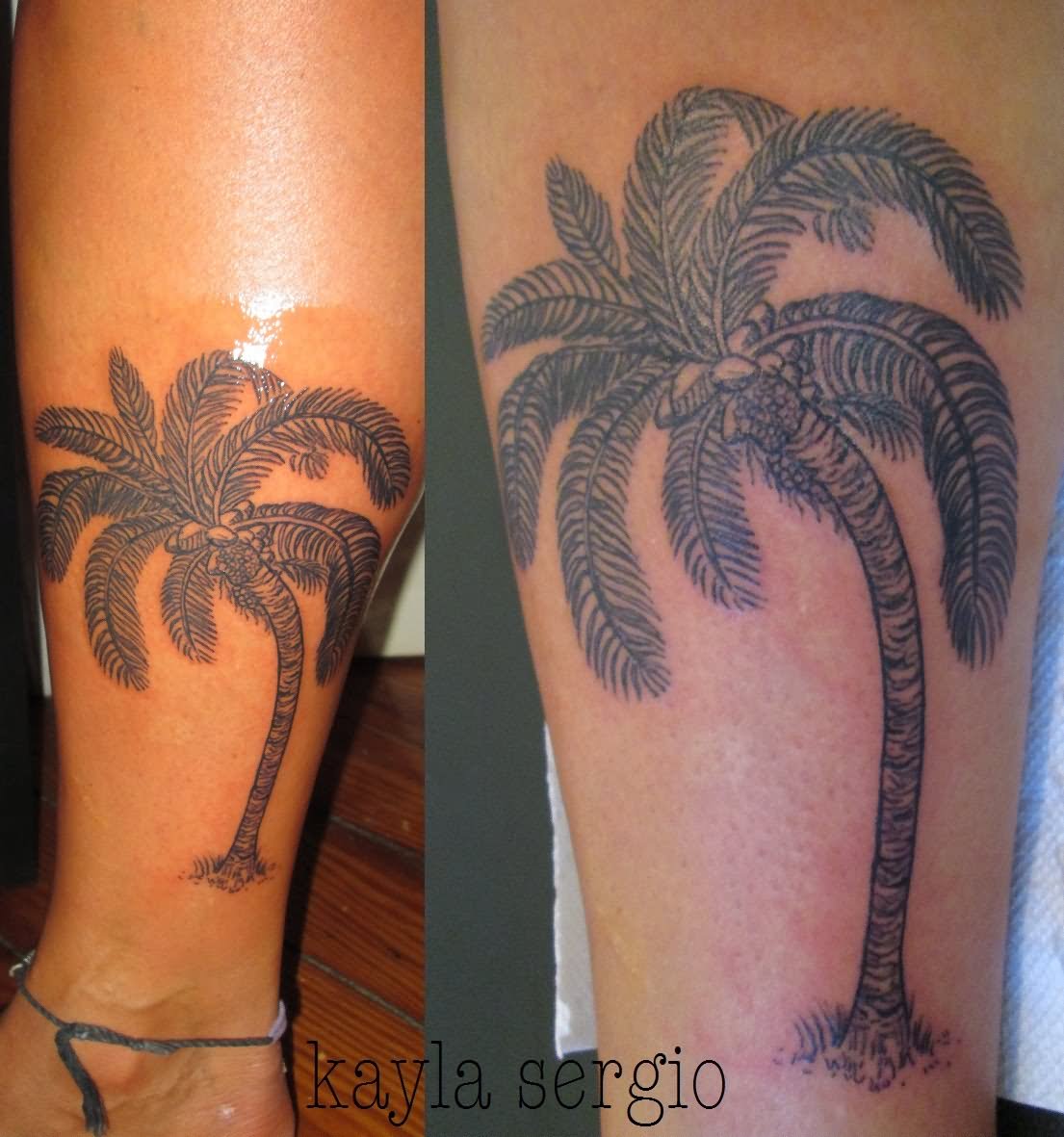 Grey Palm Tree Tattoo On Side Leg