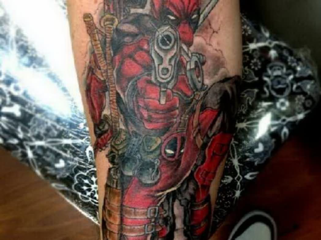 Gun In Deadpool Hand Tattoo Design For Sleeve