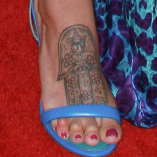 Hamsa With Cherry Blossom Tattoo On Girl Right Foot