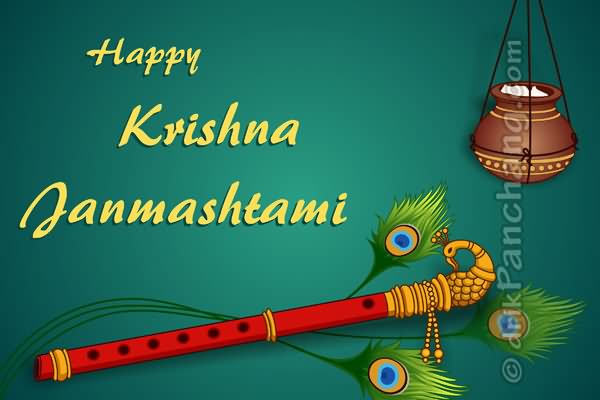 Happy Krishna Janmashtami Dahi Handi And Murli Picture On Greeting Card