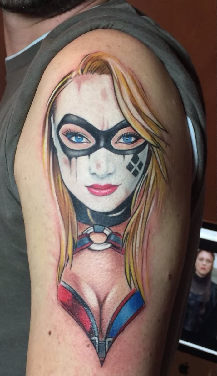 Harley Quinn Portrait Tattoo On Left Half Sleeve