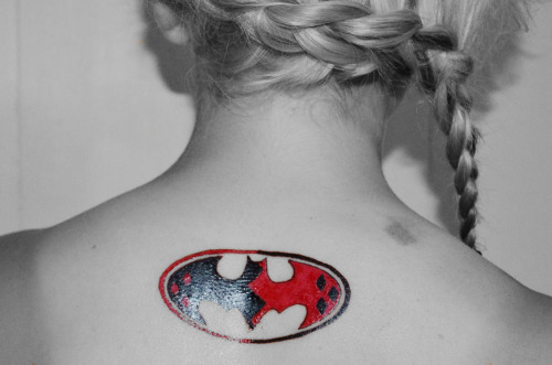 Harley Quinn Symbol Tattoo On Girl Upper Back