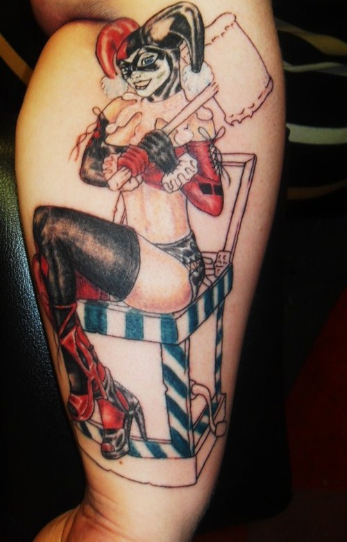 Harley Quinn With Hammer Tattoo On Arm Sleeve