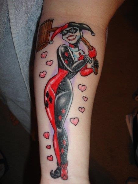 Harley Quinn With Hammer Tattoo On Left Sleeve