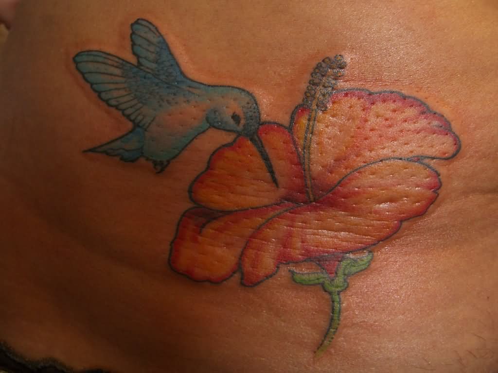 Hibiscus Flower And Blue Colibri Tattoo