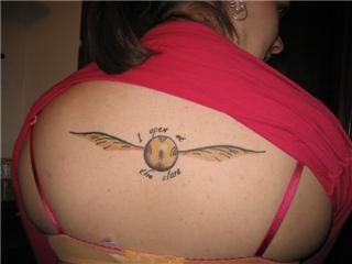 I Open At The Time – Snitch Tattoo On Girl Upper Back By Stephanie