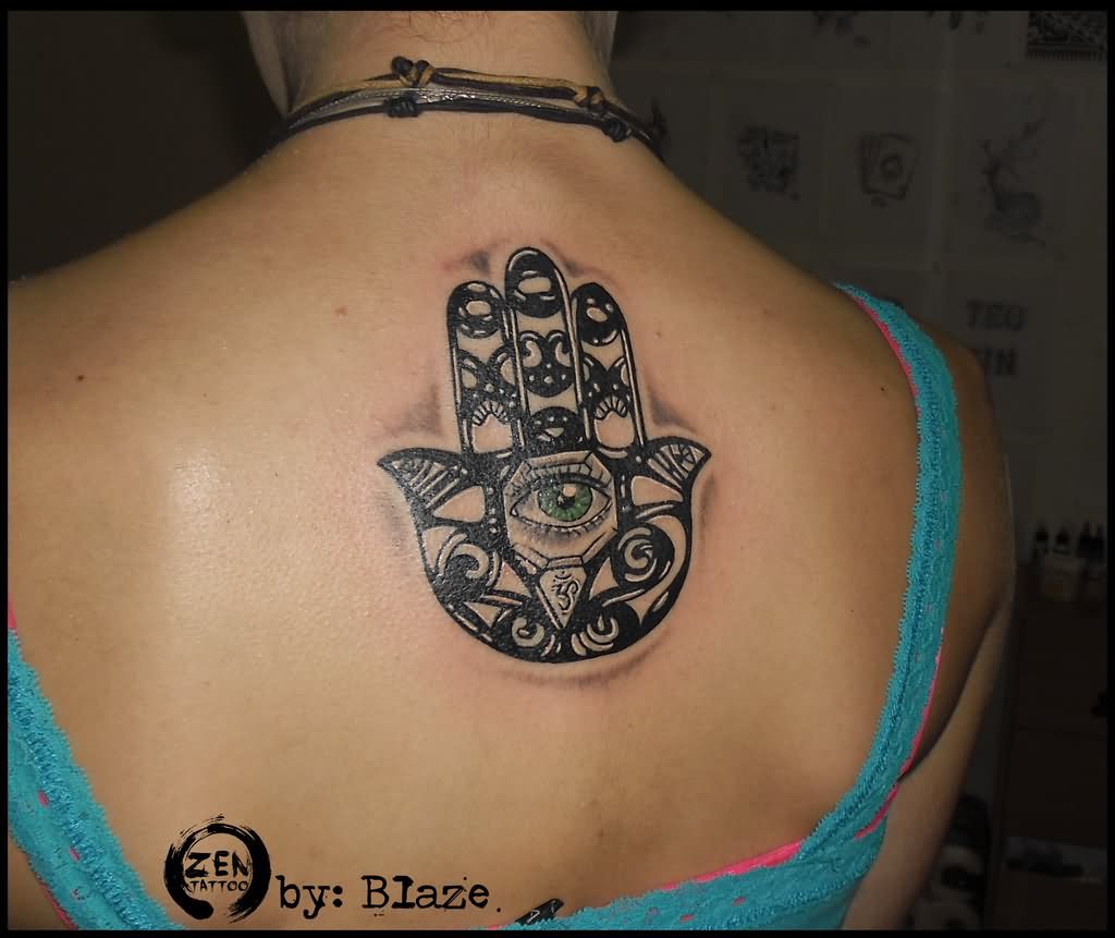 Impressive Black Hamsa Tattoo On Women Upper Back By Blaze Zen