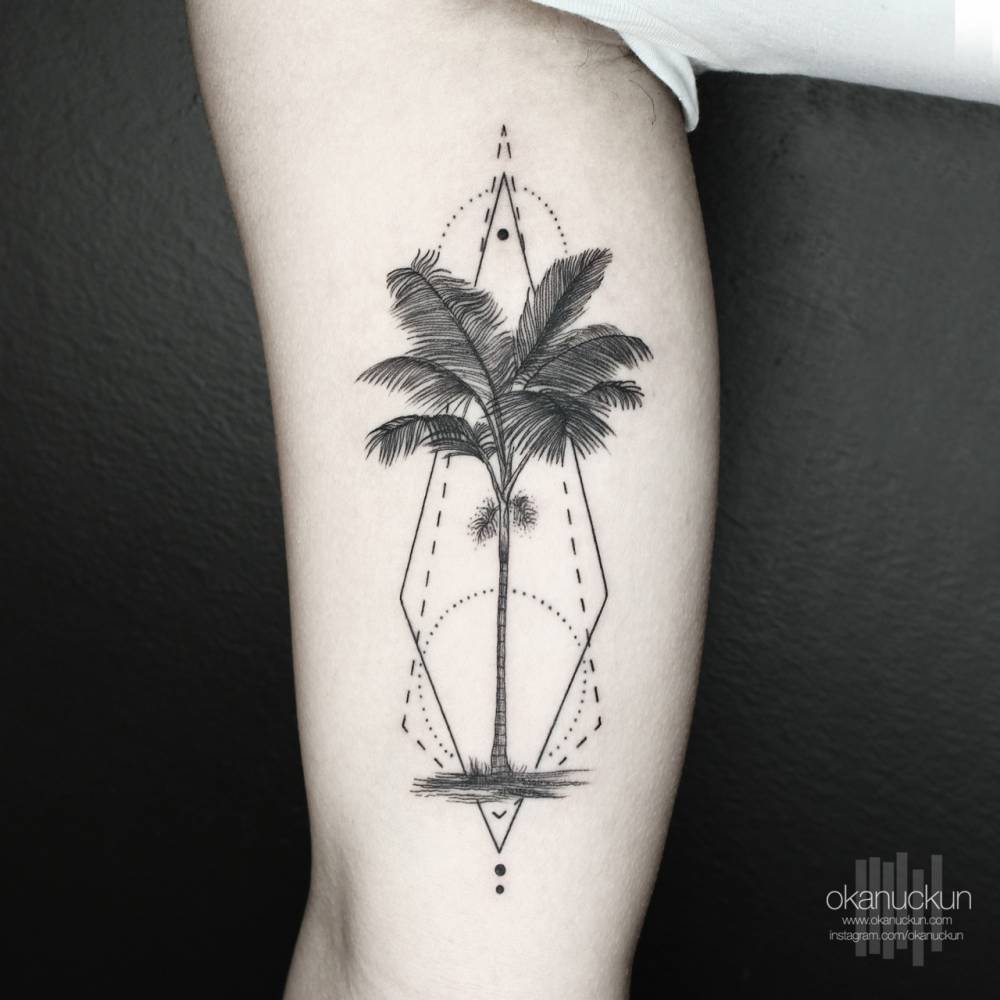 Inner Bicep Geometric Palm Tree Tattoo