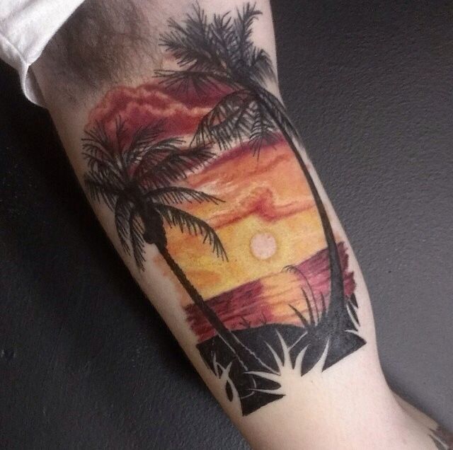 Inner Bicep Palm Tree Sunset View Tattoo