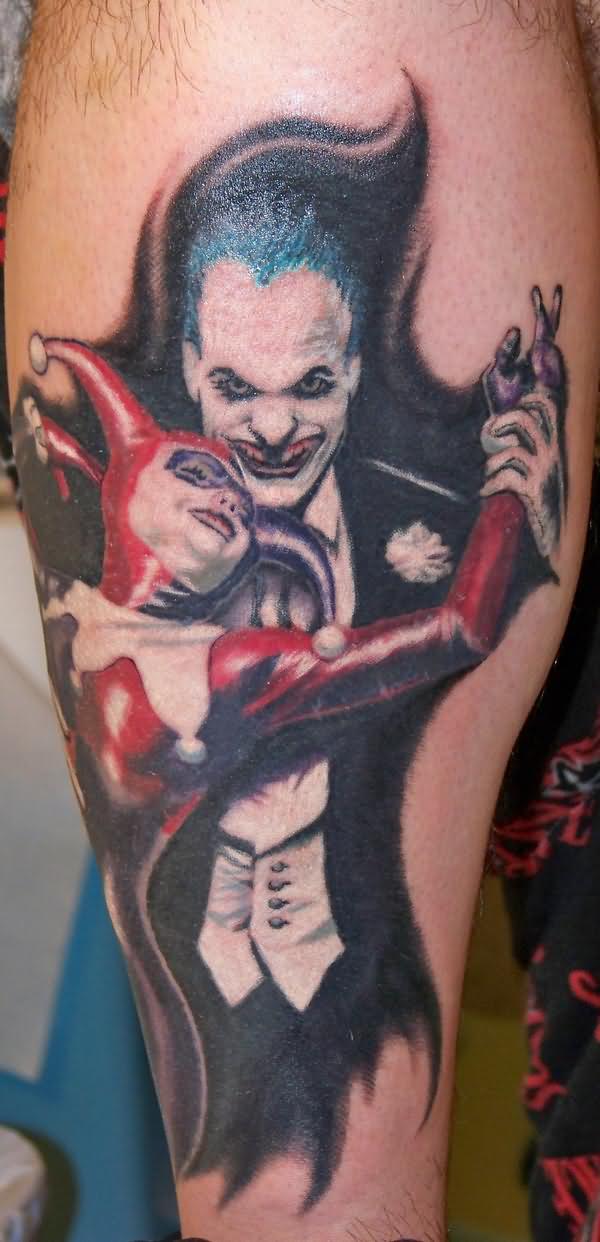 Joker And Harley Quinn Dancing Tattoo On Arm Sleeve