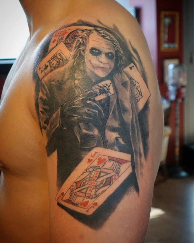 Joker With Cards Tattoo On Left Half Sleeve by Marius