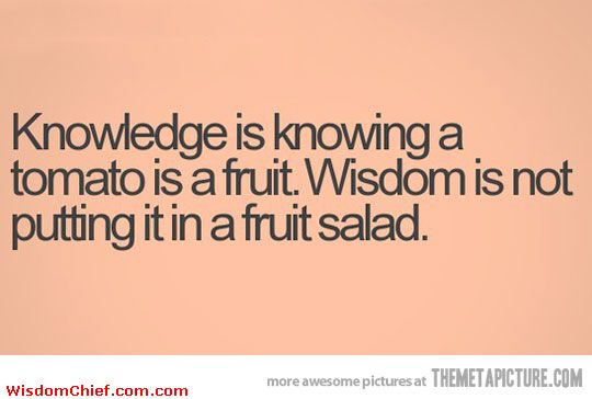 Knowledge is knowing a tomato is a fruit. Wisdom is not putting it in a fruit salad.