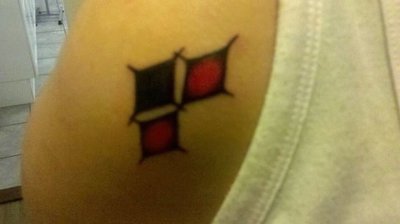 Left Back Shoulder Diamond Hearts Harley Quinn Symbol Tattoo by Punkette